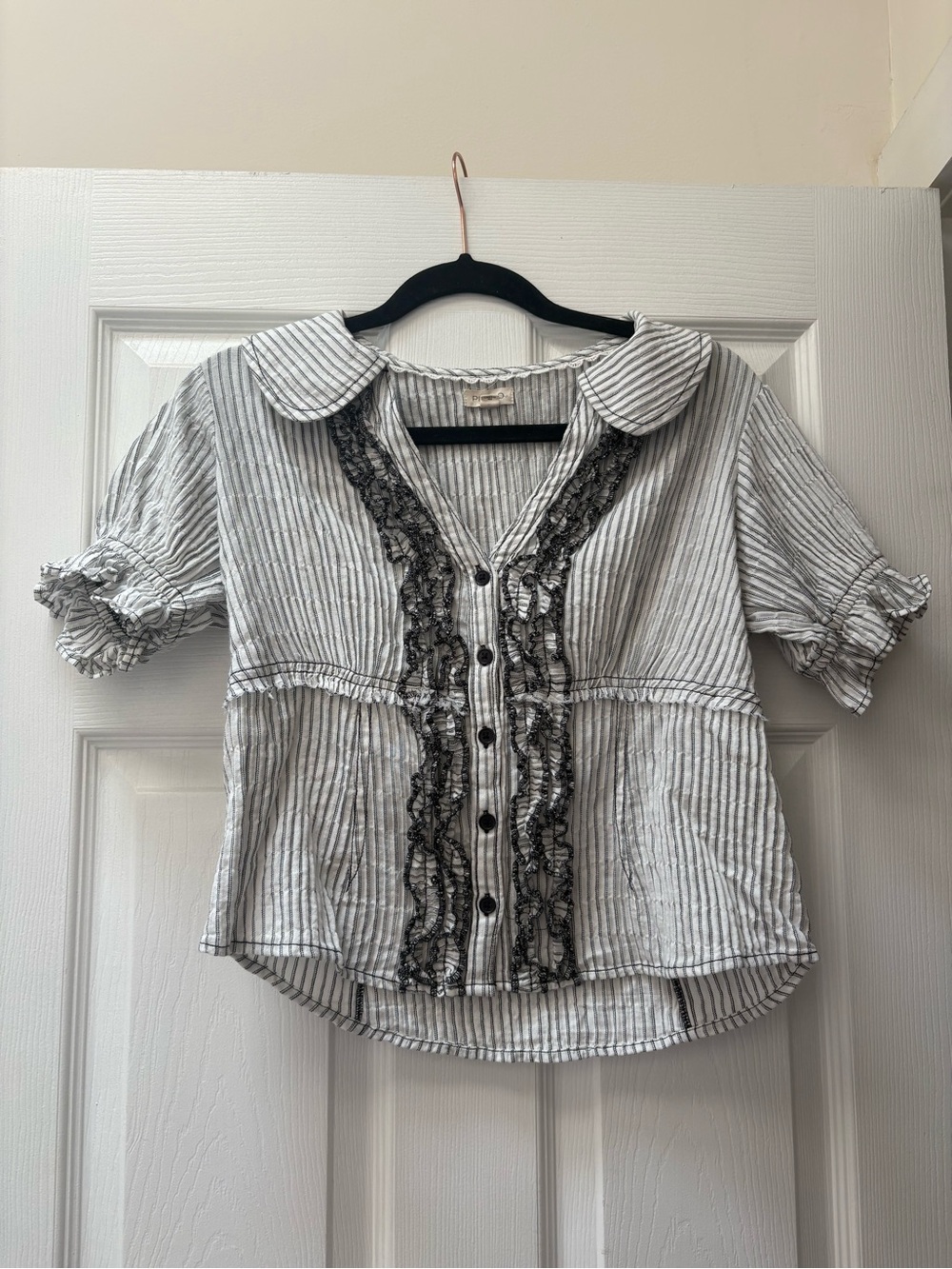Striped Ruffle Front Button Blouse in Light Gray and Black